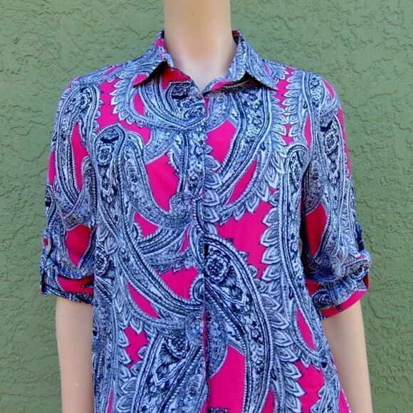 EUC INVESTMENTS Black, White & Pink  Paisley Violated Long Sleeve Shirt Petite S - Picture 11 of 15